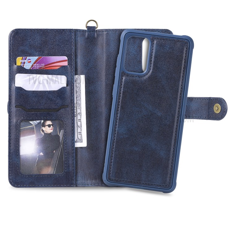 Shockproof Detachable 2-in-1 Retro Leather Wallet Phone Case for Samsung Galaxy S20 Plus - Dark Blue-17