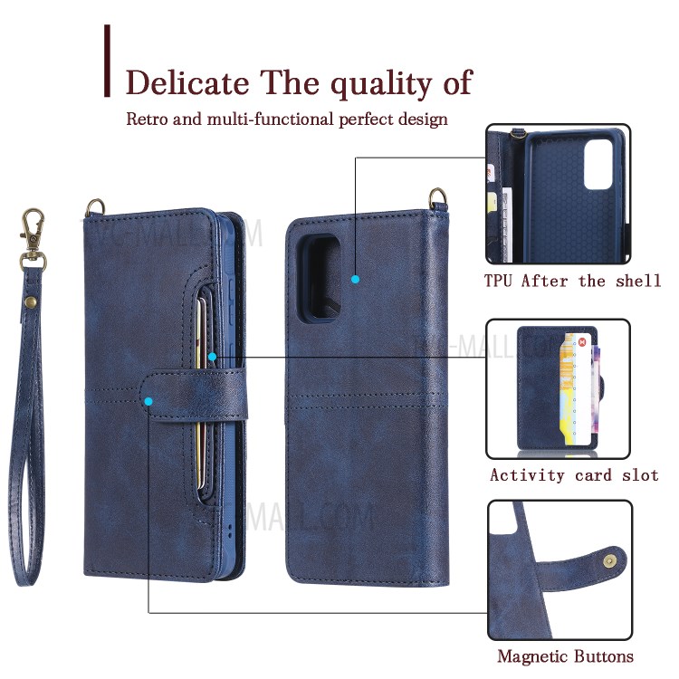 Shockproof Detachable 2-in-1 Retro Leather Wallet Phone Case for Samsung Galaxy S20 Plus - Dark Blue-28