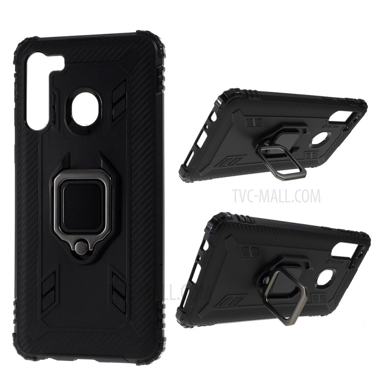 Finger Ring Kickstand Drop-proof Unique TPU Case for Samsung Galaxy A21 - Black-1