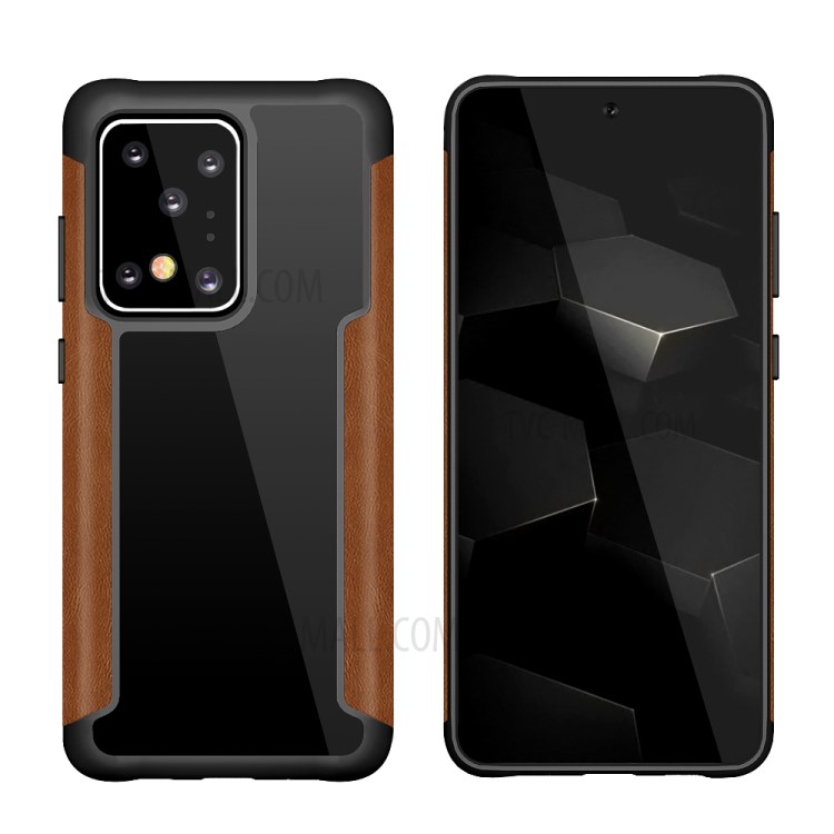 PU Leather Coated TPU Frame + PC Back Shell for Samsung Galaxy S20 Ultra - Brown-1