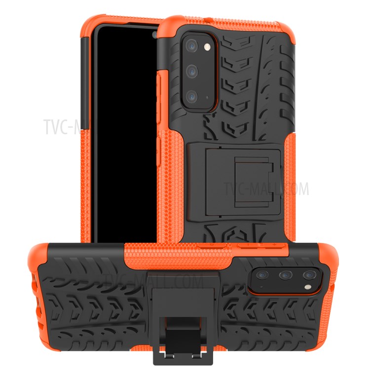 Cool Tyre Texture PC + TPU Hybrid Phone Cover with Kickstand for Samsung Galaxy S20 - Orange-1