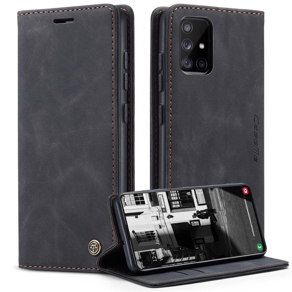 Caseme 013-Serie Auto-absorbierte Lederwallet Automatisches Schließkoffer Für Samsung Galaxy A51 - Schwarz