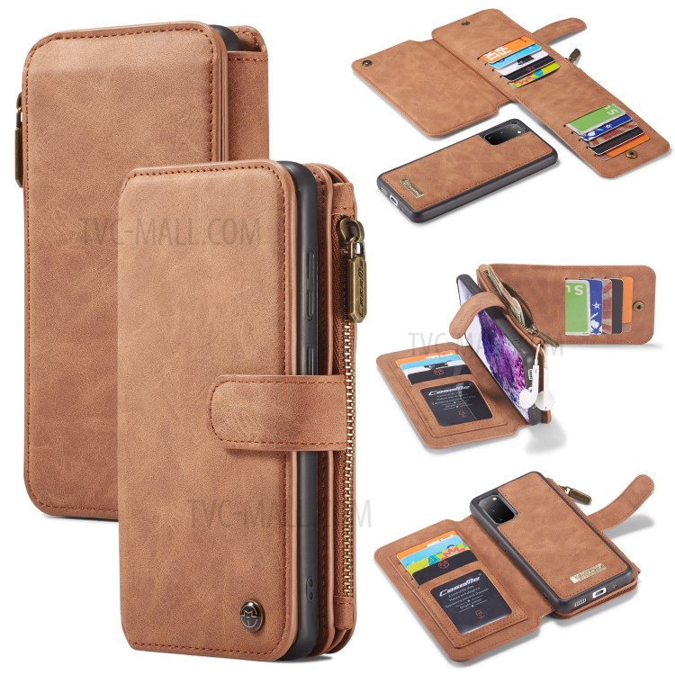 CASEME 007 Series Detachable 2-in-1 Split Leather Zipper Wallet Case for Samsung Galaxy S20 - Brown