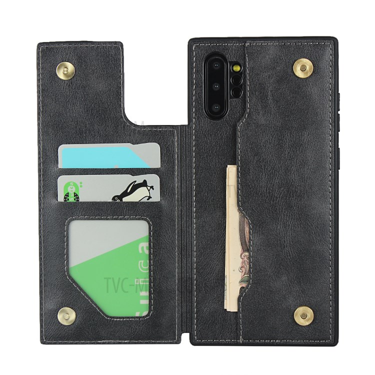 Button Flip Card Holder PU Leather Coated TPU Cover with Lanyard for Samsung Galaxy Note 10 Plus - Black-12