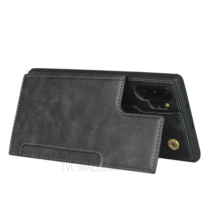 Button Flip Card Holder PU Leather Coated TPU Cover with Lanyard for Samsung Galaxy Note 10 Plus - Black-14