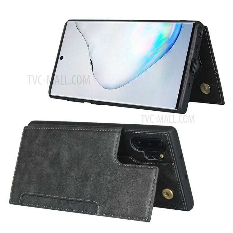 Button Flip Card Holder PU Leather Coated TPU Cover with Lanyard for Samsung Galaxy Note 10 Plus - Black-5