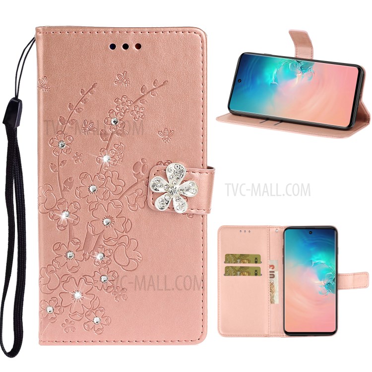 Imprint Flower Rhinestone Decor Leather Wallet Stand Case for Samsung Galaxy S20 - Rose Gold-1