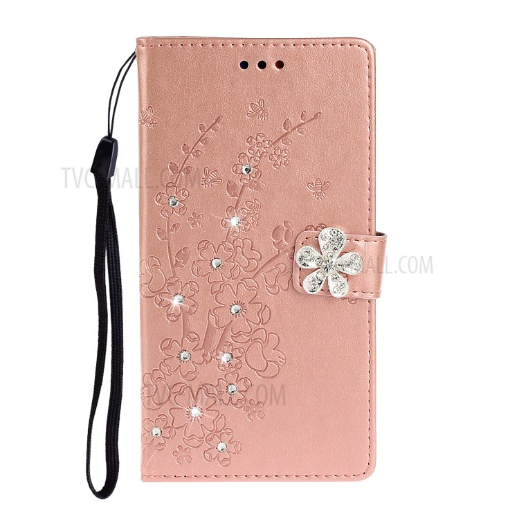 Imprint Flower Rhinestone Decor Leather Wallet Stand Case for Samsung Galaxy S20 - Rose Gold-2