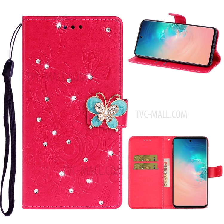 Imprint Flower Rhinestone Butterfly Leather Wallet Phone Case for Samsung Galaxy S20 - Red-1