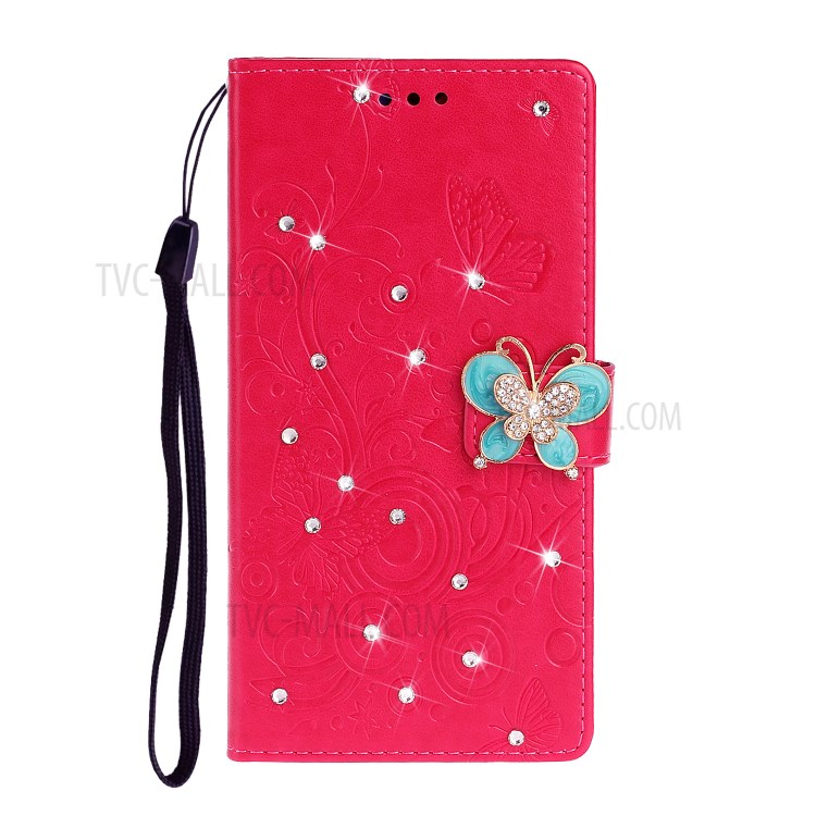 Imprint Flower Rhinestone Butterfly Leather Wallet Phone Case for Samsung Galaxy S20 - Red-2