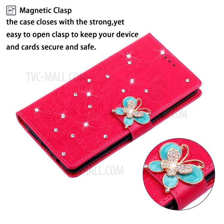 Imprint Flower Rhinestone Butterfly Leather Wallet Phone Case for Samsung Galaxy S20 - Red-5