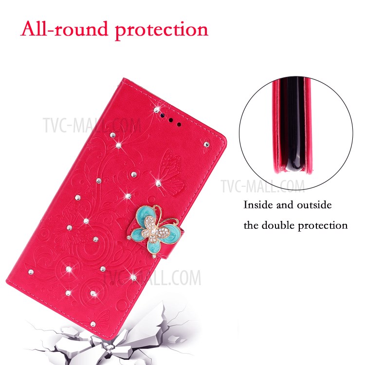 Imprint Flower Rhinestone Butterfly Leather Wallet Phone Case for Samsung Galaxy S20 - Red-6