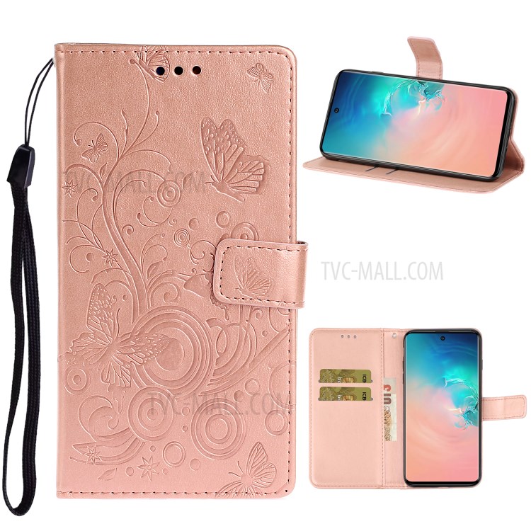 Imprinted Plum Blossom Leather Wallet Stand Phone Shell for Samsung Galaxy S20 - Rose Gold-1