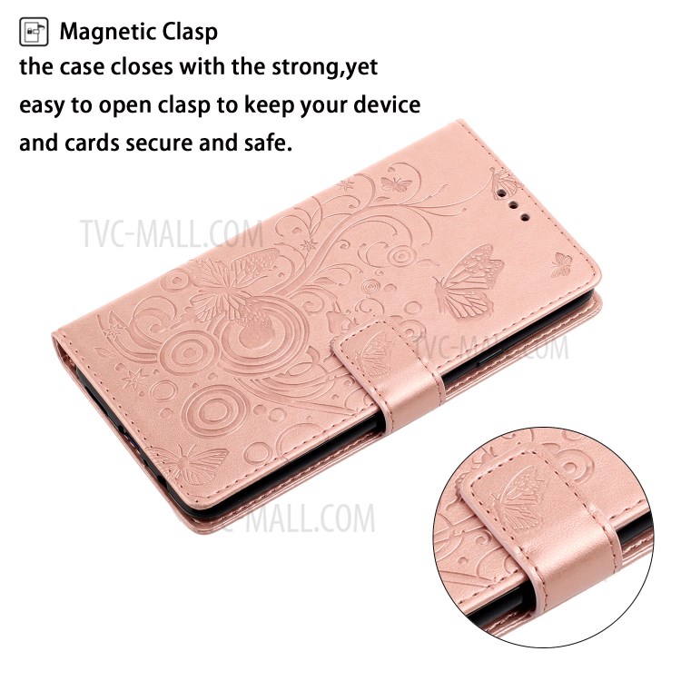 Imprinted Plum Blossom Leather Wallet Stand Phone Shell for Samsung Galaxy S20 - Rose Gold-5