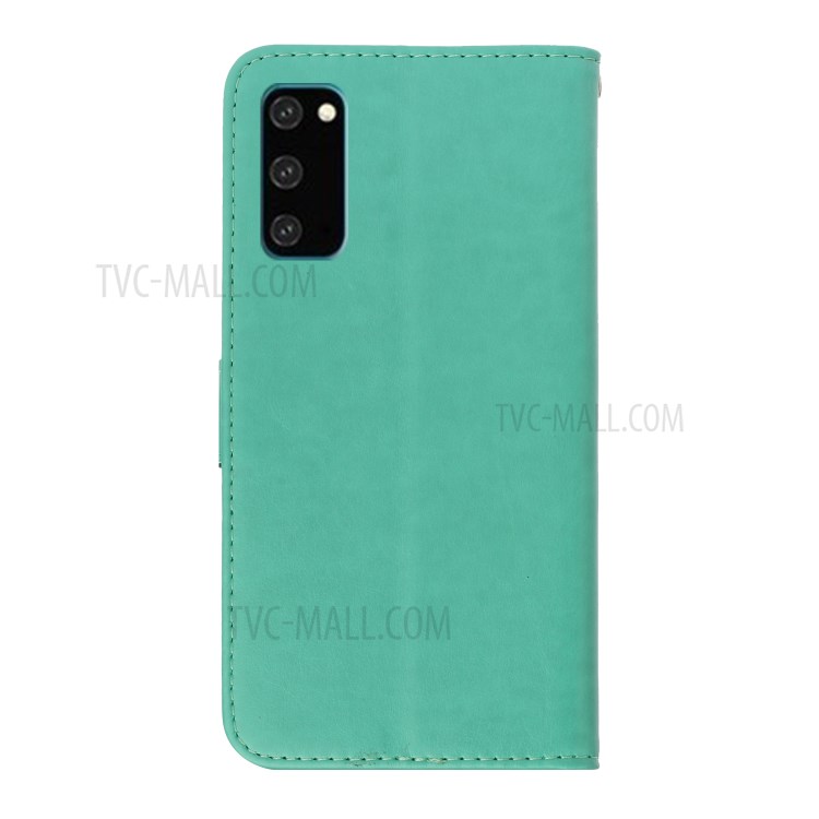 Imprinted Plum Blossom Leather Wallet Stand Phone Shell for Samsung Galaxy S20 - Cyan-2