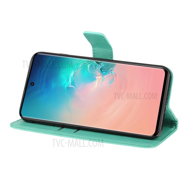 Imprinted Plum Blossom Leather Wallet Stand Phone Shell for Samsung Galaxy S20 - Cyan-3