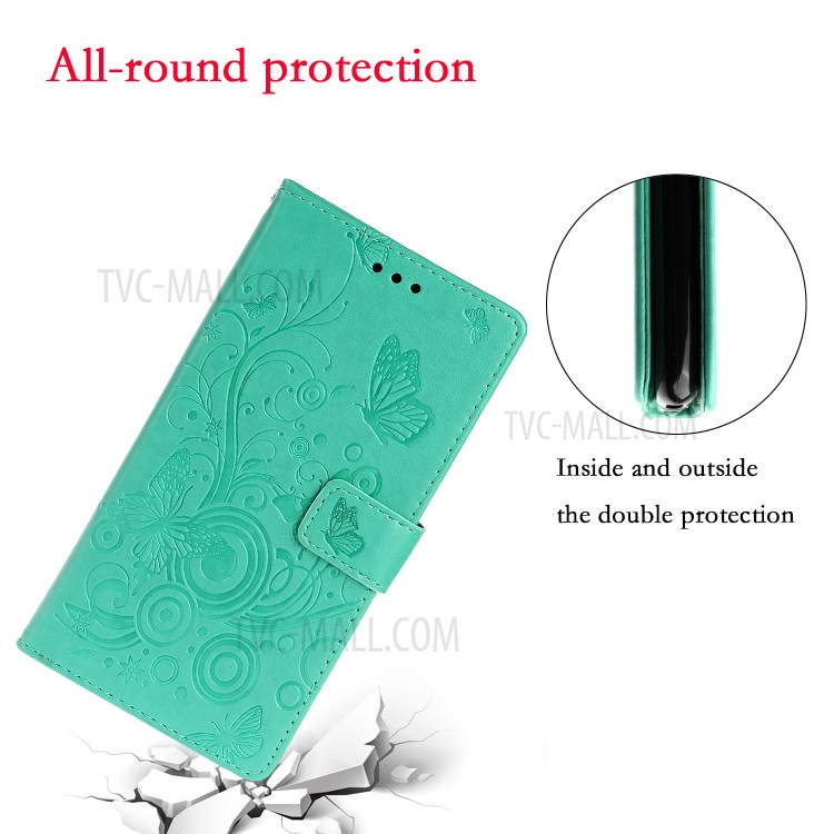 Imprinted Plum Blossom Leather Wallet Stand Phone Shell for Samsung Galaxy S20 - Cyan-5