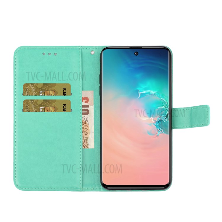 Imprinted Plum Blossom Leather Wallet Stand Phone Shell for Samsung Galaxy S20 - Cyan-6