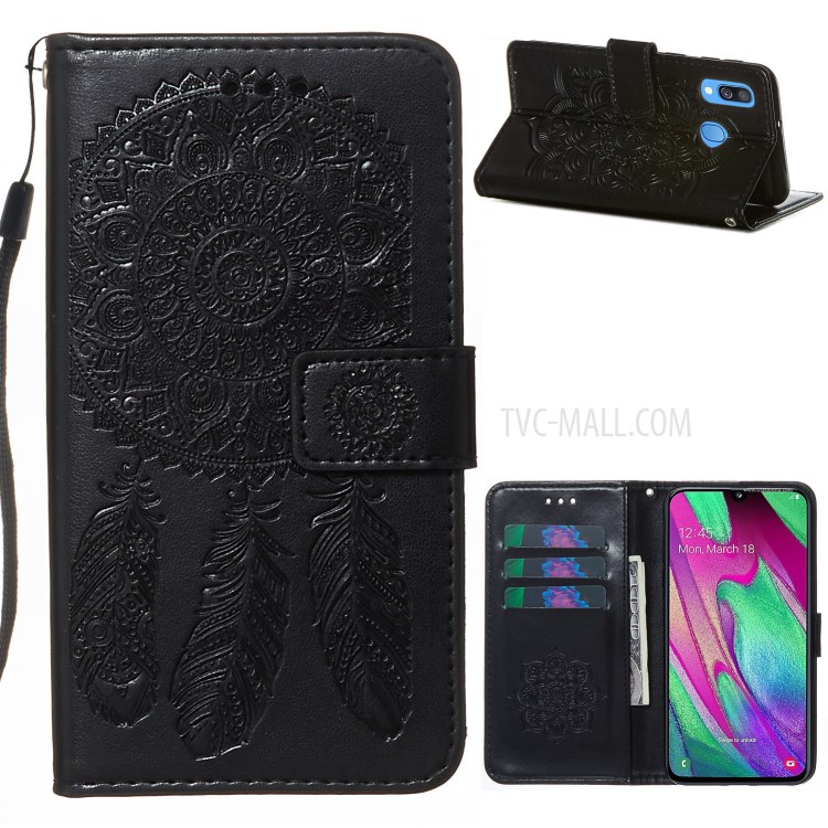 For Samsung Galaxy A40 Imprint Dream Catcher Flower Stand Wallet Leather Casing Shell - Black-1