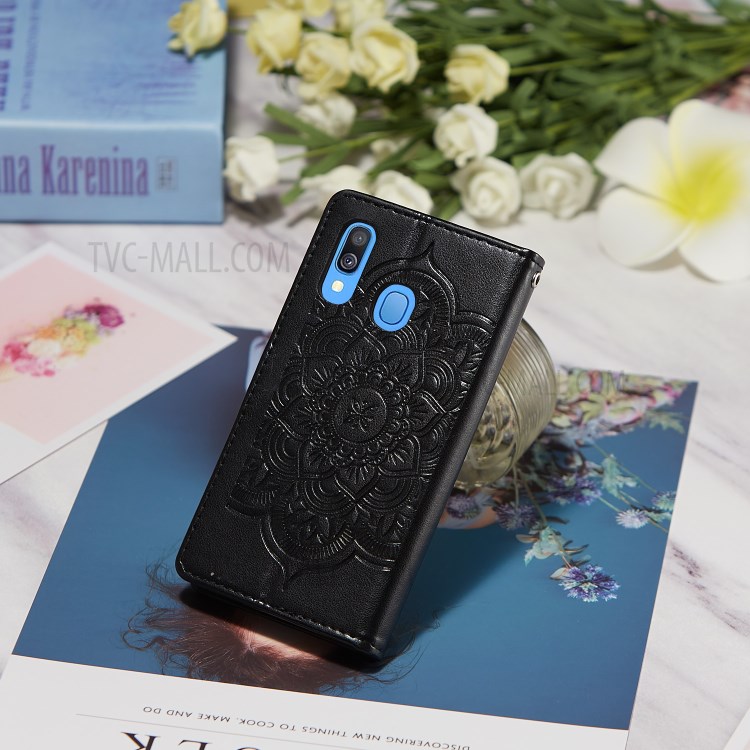 For Samsung Galaxy A40 Imprint Dream Catcher Flower Stand Wallet Leather Casing Shell - Black-12