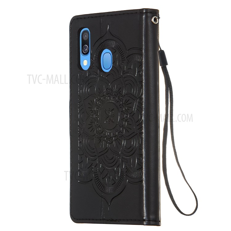 For Samsung Galaxy A40 Imprint Dream Catcher Flower Stand Wallet Leather Casing Shell - Black-4