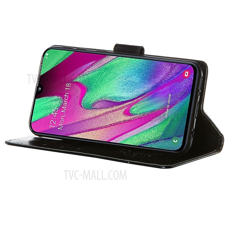 For Samsung Galaxy A40 Imprint Dream Catcher Flower Stand Wallet Leather Casing Shell - Black-6