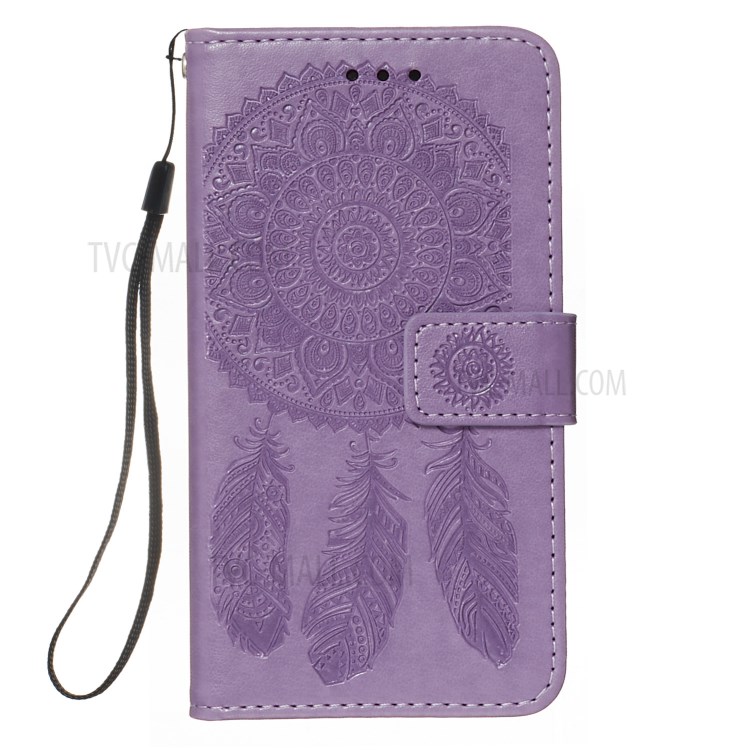 For Samsung Galaxy A40 Imprint Dream Catcher Flower Stand Wallet Leather Casing Shell - Purple-1