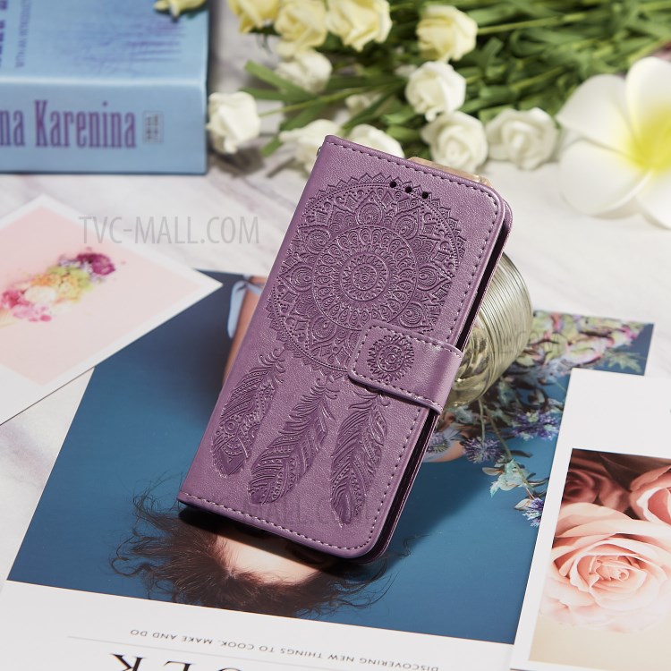 For Samsung Galaxy A40 Imprint Dream Catcher Flower Stand Wallet Leather Casing Shell - Purple-10
