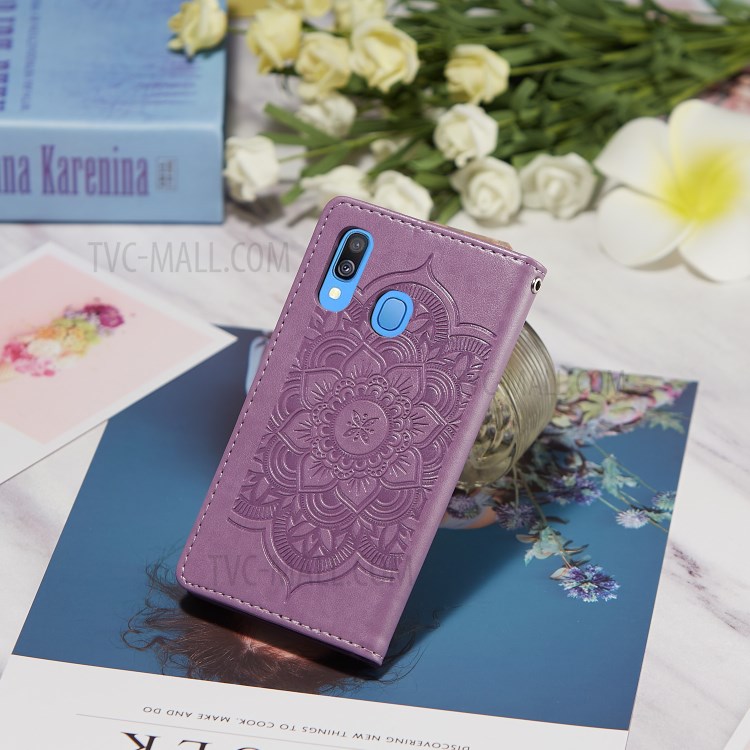 For Samsung Galaxy A40 Imprint Dream Catcher Flower Stand Wallet Leather Casing Shell - Purple-11