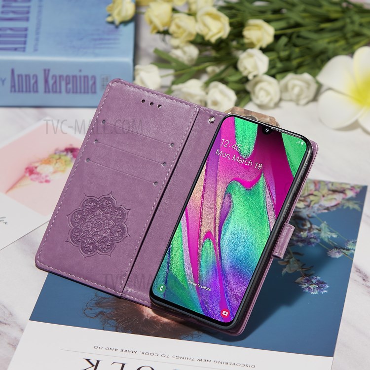 For Samsung Galaxy A40 Imprint Dream Catcher Flower Stand Wallet Leather Casing Shell - Purple-12