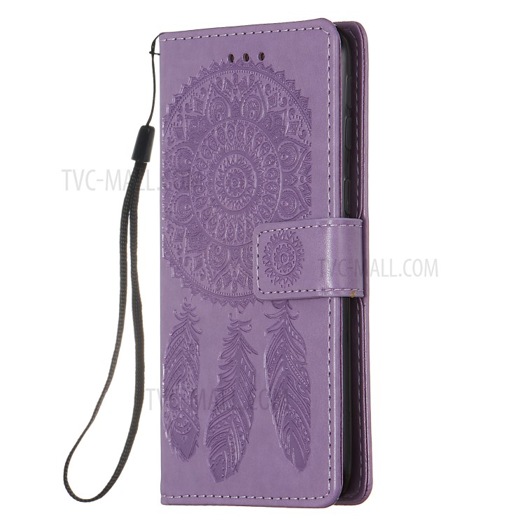 For Samsung Galaxy A40 Imprint Dream Catcher Flower Stand Wallet Leather Casing Shell - Purple-2