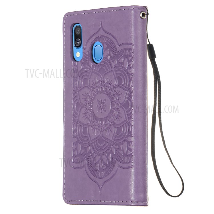 For Samsung Galaxy A40 Imprint Dream Catcher Flower Stand Wallet Leather Casing Shell - Purple-3