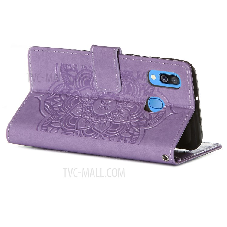 For Samsung Galaxy A40 Imprint Dream Catcher Flower Stand Wallet Leather Casing Shell - Purple-4