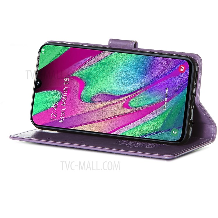 For Samsung Galaxy A40 Imprint Dream Catcher Flower Stand Wallet Leather Casing Shell - Purple-5