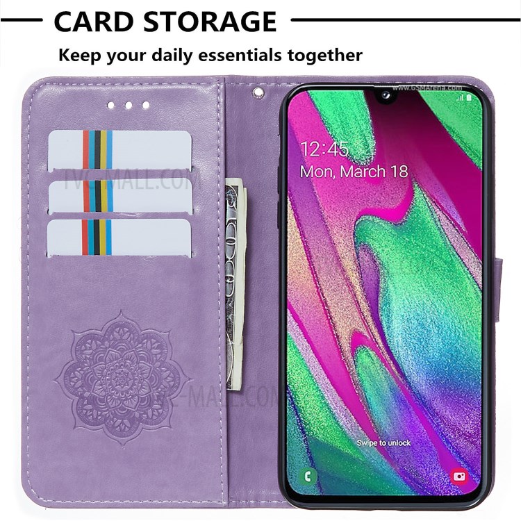 For Samsung Galaxy A40 Imprint Dream Catcher Flower Stand Wallet Leather Casing Shell - Purple-6