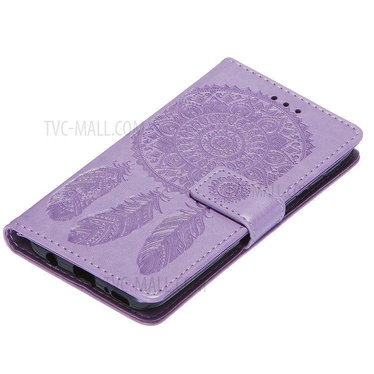 For Samsung Galaxy A40 Imprint Dream Catcher Flower Stand Wallet Leather Casing Shell - Purple-7