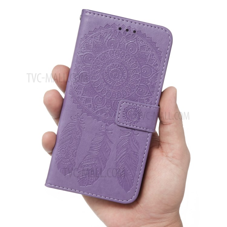 For Samsung Galaxy A40 Imprint Dream Catcher Flower Stand Wallet Leather Casing Shell - Purple-8