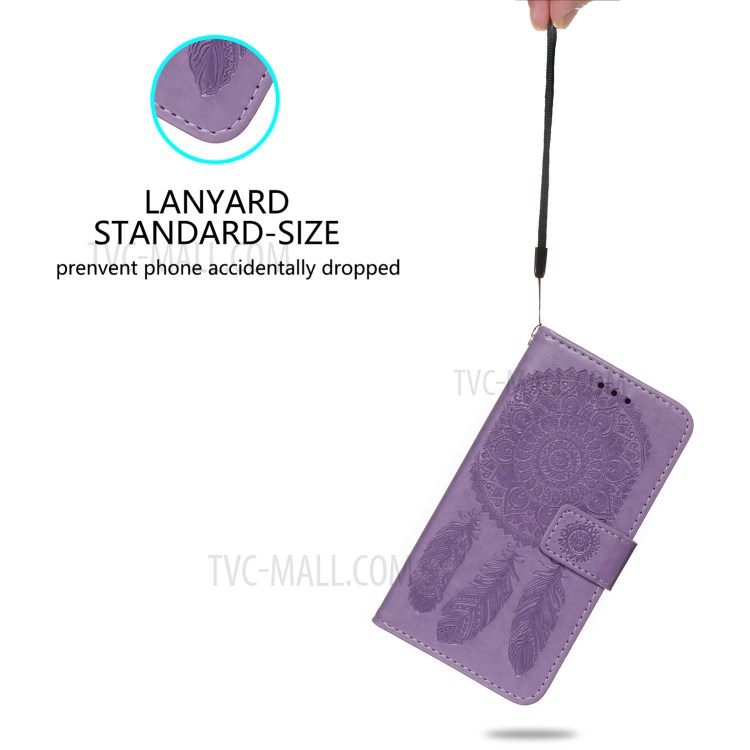 For Samsung Galaxy A40 Imprint Dream Catcher Flower Stand Wallet Leather Casing Shell - Purple-9