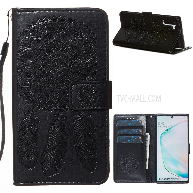 Imprinted Dream Catcher Flower Leather Stand Case for Samsung Galaxy Note 10 5G/Note 10 - Black-1