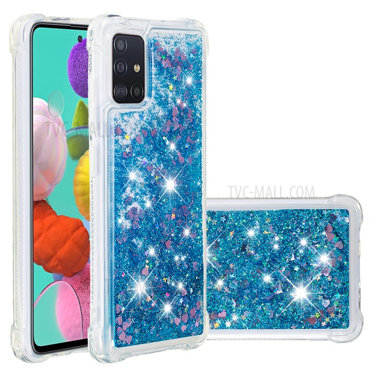 Liquid Glitter Powder Quicksand Shockproof TPU Cell Phone Casing for Samsung Galaxy A51 - Blue/Heart-1