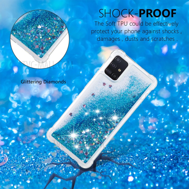 Liquid Glitter Powder Quicksand Shockproof TPU Cell Phone Casing for Samsung Galaxy A51 - Blue/Heart-4