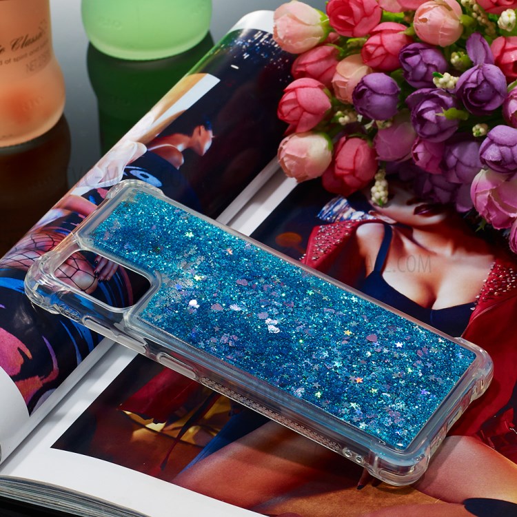 Liquid Glitter Powder Quicksand Shockproof TPU Cell Phone Casing for Samsung Galaxy A51 - Blue/Heart-7