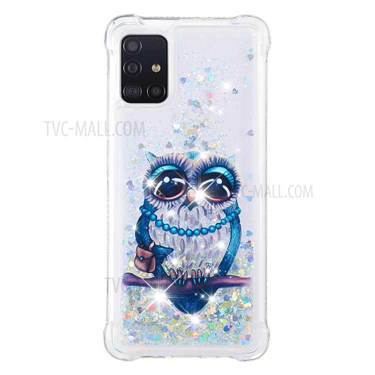 Stampa Motivi Glitter in Polvere Quicks e Custodia Per Telefono TPU Per Samsung Galaxy A51 - Gufi-3