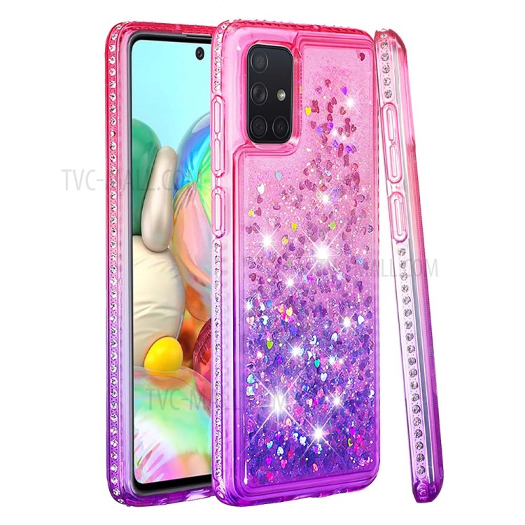 Rhinestone Decor Gradient Glitter Powder Quicksand TPU Cover Phone Shell for Samsung Galaxy A71 - Red/Purple-1