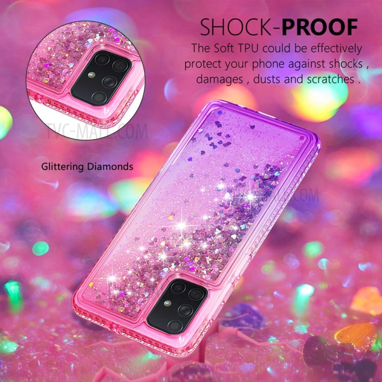 Rhinestone Decor Gradient Glitter Powder Quicksand TPU Cover Phone Shell for Samsung Galaxy A71 - Red/Purple-3