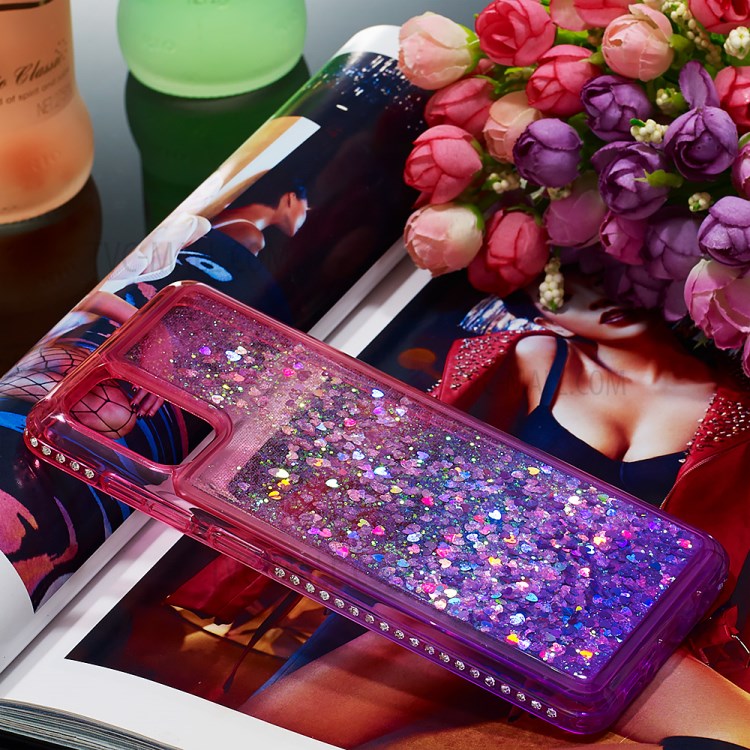Rhinestone Decor Gradient Glitter Powder Quicksand TPU Cover Phone Shell for Samsung Galaxy A71 - Red/Purple-5