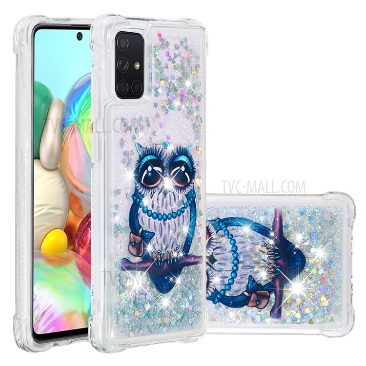 Liquid Glitter Powder Patterned Quicksand Shockproof TPU Case Covering for Samsung Galaxy A71 - Owl-1