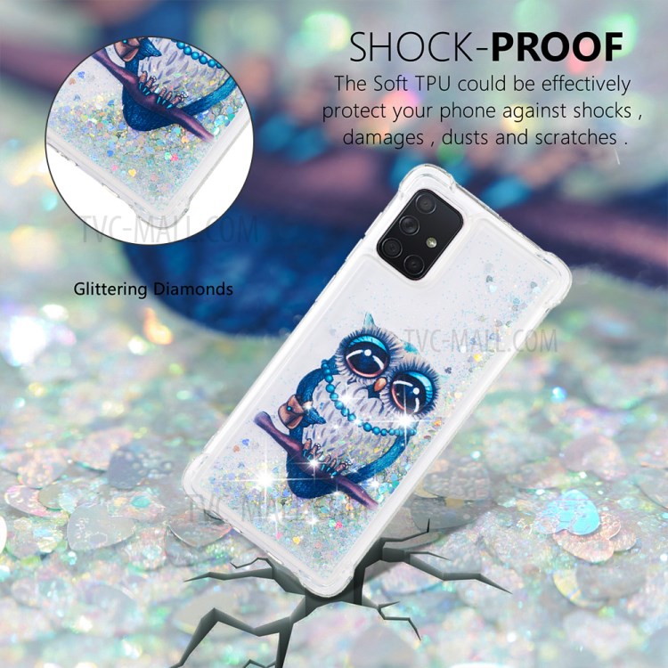 Liquid Glitter Powder Patterned Quicksand Shockproof TPU Case Covering for Samsung Galaxy A71 - Owl-4