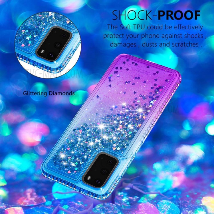 Rhinestone Decor Gradient Glitter Powder Quicksand TPU Cover Phone Case for Samsung Galaxy S20 - Blue/Purple-3