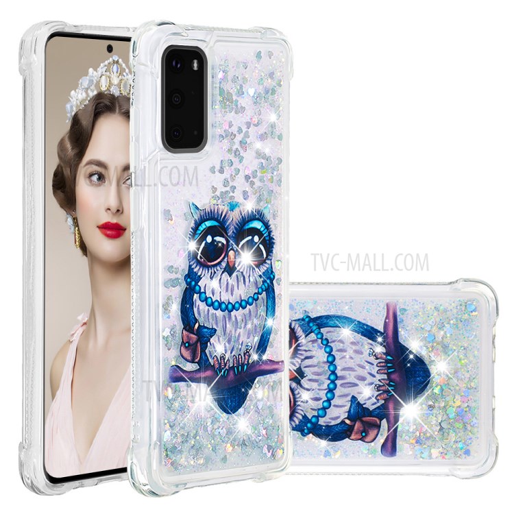Pattern Printing Glitter Powder Quicksand TPU Phone Case for Samsung Galaxy S20 - Owl-1